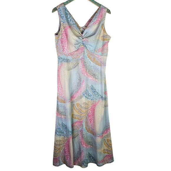 Vintage Sleeveless Maxi Pastel Floral Peacock Abstract Style Dress, Sz Large - Picture 1 of 9